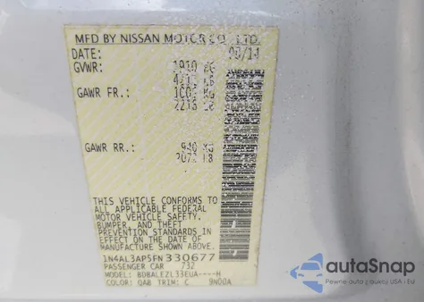 2015 Nissan Altima 2.5 S z USA, uszkodzony, nr VIN 1N4AL3AP5FN330677